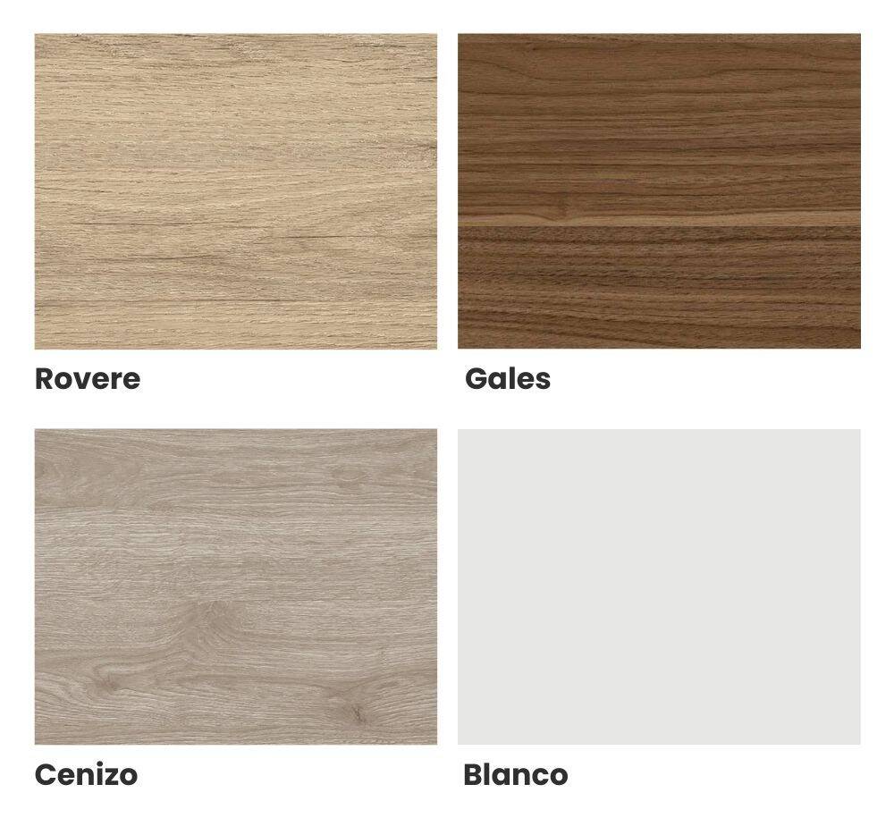 Colores de tablero para escritorios VISSO: rovere, gales, cenizo y blanco